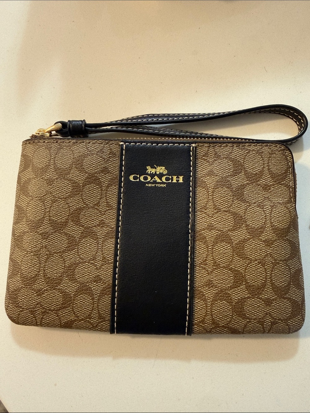 Coach Brown Logo Canvas Wristlet with Black Center Stripe